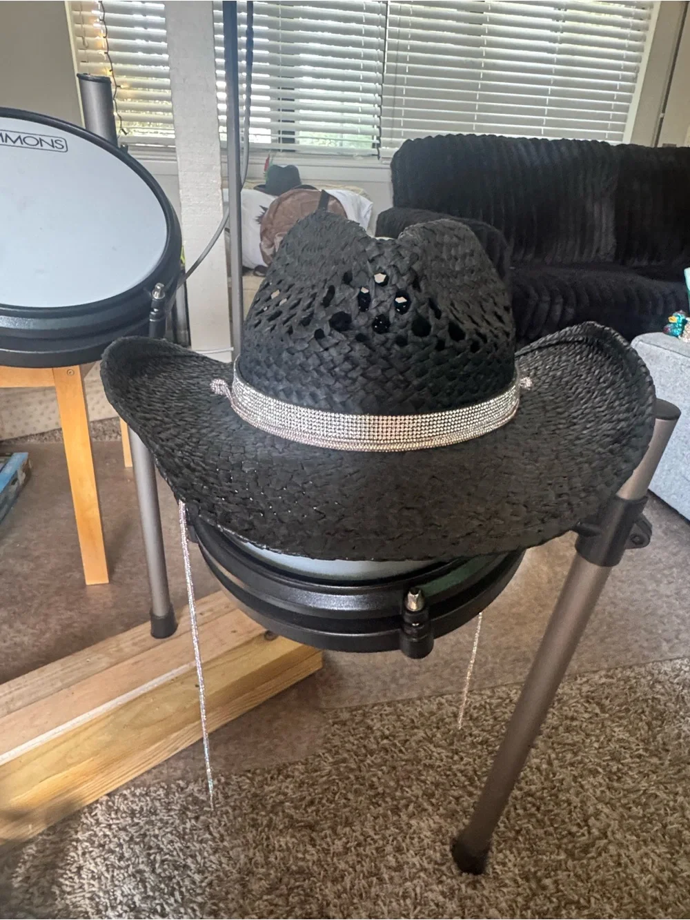 Black Straw Cowboy Hat with Rhinestone Band